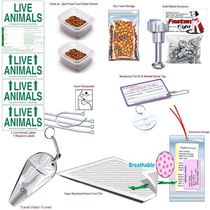 Complete - MD Deluxe Pet Airline Travel Kit with Pad, Dishes, Live Animal Labels, Water Funnel, Metal Nut Bolts, Name tag, Travel Document Holder