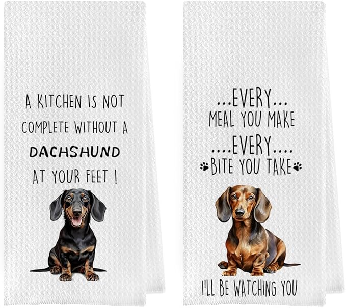 Funny Dachshund Dish Towels Set - Dachshund Gifts Waffle Weave Kitchen Towels, Wiener Dog Decorative Hand Tea Towels for Bathroom Kitchen, Wiener Dog Gifts for Women (16×24 Inches Set of 2)