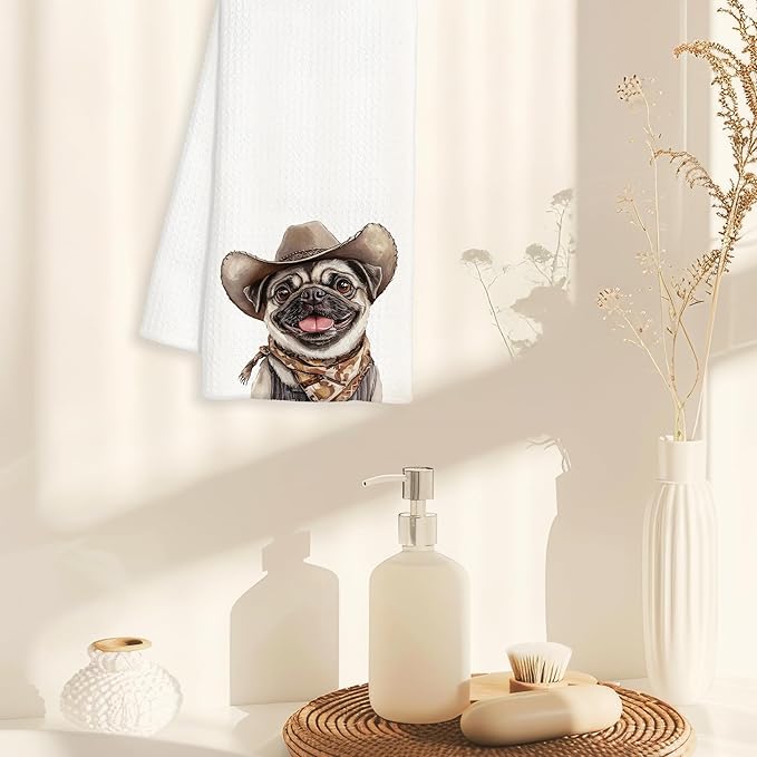 Western Cowboy Pug Dog Gifts Kitchen Towels Decorative - Gifts for Pug Lovers Dish Tea Towels for Kitchen Drying, Dog Mom Dad Gifts Hand Towels for Bathroom Decor, 16x24 Inch
