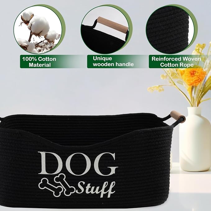 Medium Woven Dog Toy Basket,Dog Stuff Organizer,Collapsible Dog Toy Bin with Wood Handles,Rectangle Puppy Toy Storage Basket,Dog Organizer for Dog Toys,Collar,Leash,Blankets-Black | 100% Cotton Rope Basket with Wood Handles, Dog Organizer for Dog Toys,...