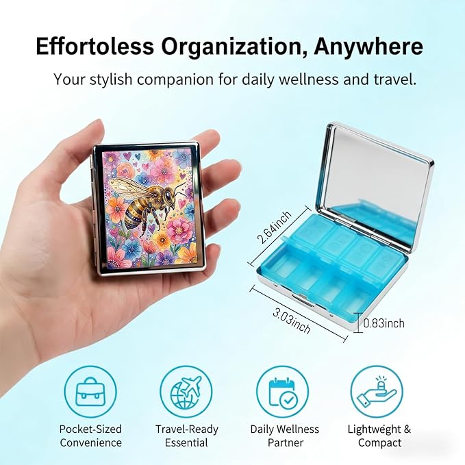 Weekly Pill Organizer, Metal Pill Box with 8 Compartments, Small Travel Pill Case for Purse Pocket, Medicine Vitamin Supplement Organizer (Honey Bee)