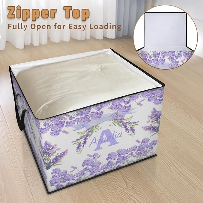 Custom Comforters Storage Basket with Lid, Personalized Name Large Organizer Bin for Clothes, Perfect for Rooms, Watercolor Purple Lavender Florals