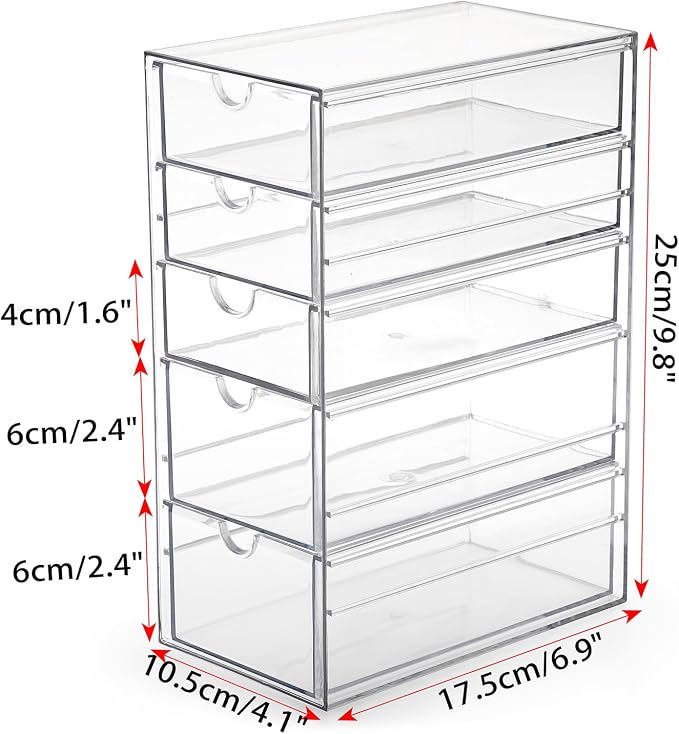 Hipiwe 5-Drawers Plastic Storage Organizer Clear Hair Accessories Organizer | Large Capacity Drawers Box for Bathroom, Dresser, Cosmetic Hair Tie Container for Women
