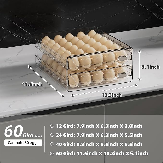 HIYOHIYO Clear 60 Grid Egg Organizer for Refrigerator with Drawers, 2-Tier | Large Capacity with Time Scale Marking | Sturdy Egg Storage for Fridge | Stackable Eggs Container for Fridge and Countertop