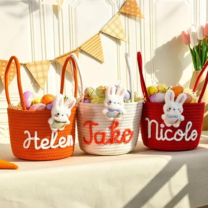 Personalized Woven Rope Bunny Basket Custom Easter Baskets for Kids Easter Egg Hunt Basket Name Tag with Handle Cotton Rope Basket (Style H)