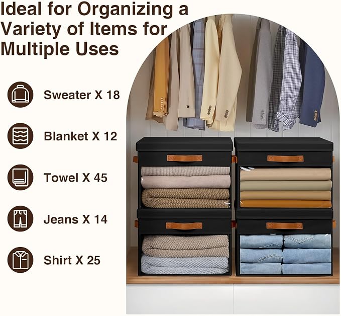 Large Storage Bins with Lids - 4 Pack Foldable Decorative Organizers with Clear Windows & Handles, Cube Storage Organizers for Clothes, Blankets, Sweaters, Sheets, Black