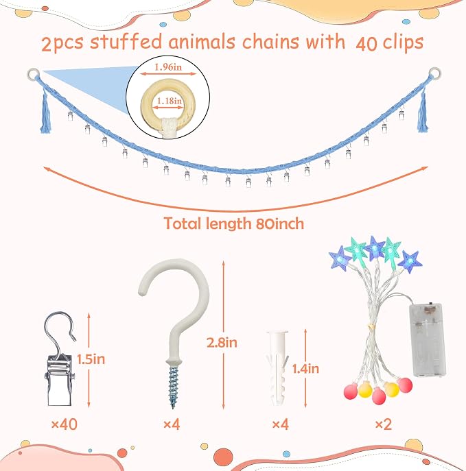 2PCS Stuffed Animals Storage Chain Organizers 80" Cotton Hanging Storage Chain with 2Pcs Led Light 40 Metal Clips Stuffed Animal Display Holder Chain for Nursery Play Room (Blue)
