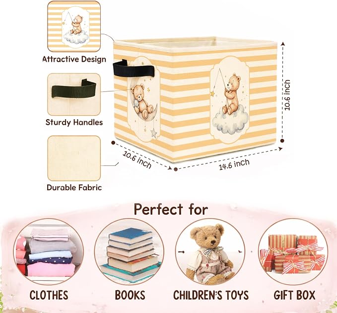 Moon Teddy Bear Storage Basket, Yellow Stripe Toy Organizer | Foldable fabric bin with a moon teddy bear and yellow stripes, perfect for toys, books, clothes, and nursery storage.