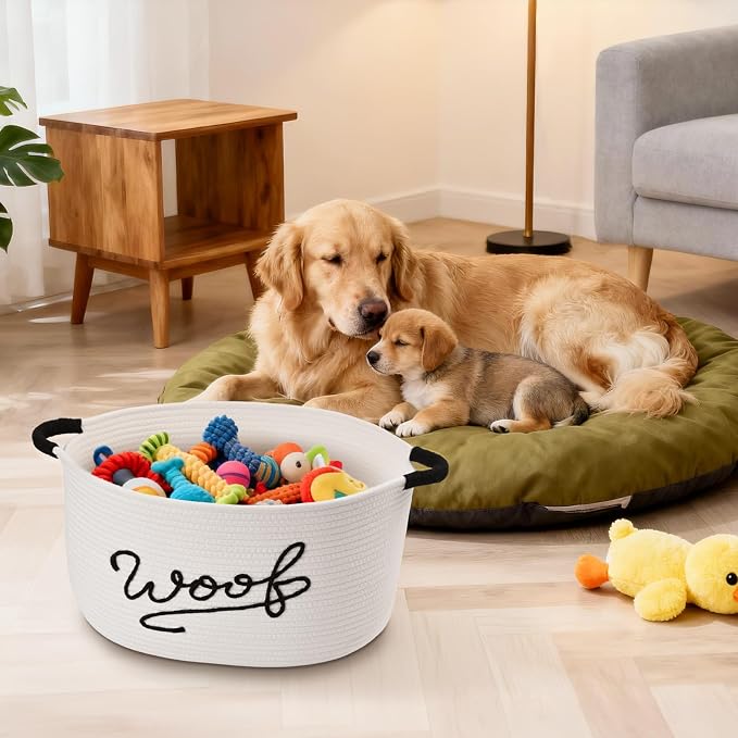 Woof Dog Toy Basket, Large Dog Toy Storage Bin with Durable Handles, Woven Dog Basket for Blankets, Toys, Chews, Pet Toy Storage Box for Nursery, Living Room, Bedroom, 17”x12”x9, White
