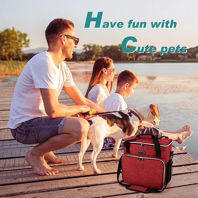 BAGLHER Dog Travel Bag, Pet Travel Bag (ALL Pet Travel Supplies), With 2 Pet Food Containers and 2 Collapsible Silicone Bowls; Essential Kits for Travel Red