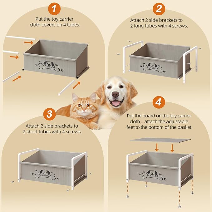 Dog Toy Box for Storage, Metal Frame Oxford Fabric Pet Toy Organizer with Raised Legs, Large Capacity Dog Toy Basket with Front Low Opening, Washable and Durable Design