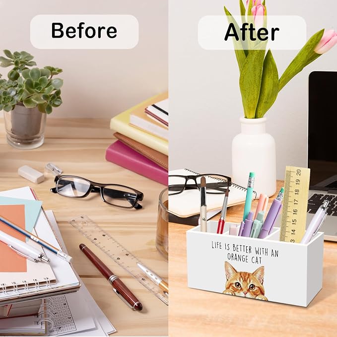 Orange Cat Gifts Pen Pencil Holder for Desk, Funny Orange Cats Lovers Gift Office Desk Accessories, Life Is Better with Cats Toothbrush Pen Holders Organizer for Women Bathroom Classroom Decor