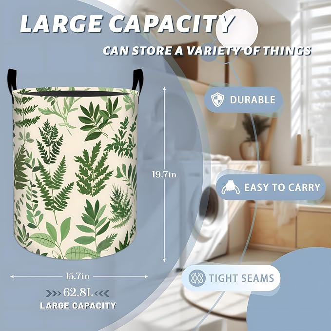Ferns and Leaves Green Botanical Laundry Basket with Handles, 19.7"x15.7" Clothes Foldable Plant Laundry Hamper Organizer for Dorm Nursery Bedroom Bathroom Decor, Toy Storage Bin for Kids
