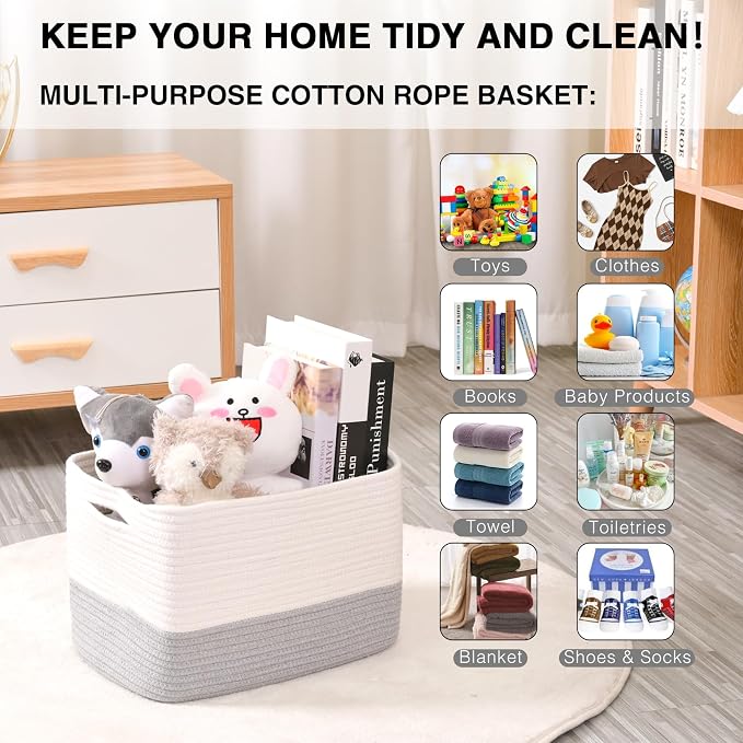 Grey Storage Baskets for Organizing Shelves, Woven Cotton Rope Baskets for Storage, Dog Toy Basket Storage Kids, Gray Shelf Basket, 14.8"×11"×9.5", Pack of 3, Off White & Grey