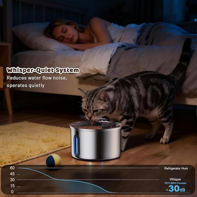 Cat Water Fountain Stainless Steel, 3.2L/108oz Pet Fountains for Drinking with Smart Quiet Pump and Large Water Level Window, Easy-to-Clean Automatic Pet Water Dispenser for Indoor Use