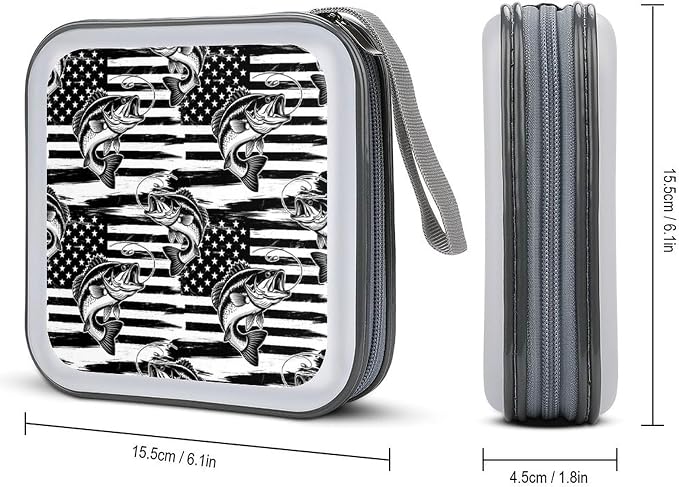 Portable Hard Shell DVD Storage Black And White American Flag Camo Fish, 40-Disc Binder with Carry Strap, Protective Case for Movies Music Travel