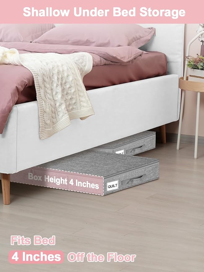 4-In Low Profile Under Bed Storage, Rigid Structure, 2 Pack, Gray | Below 4 Inch Low Space Storage, Rigid Sides & Bottom, Reinforced Handles, Foldable Design, for Couches, Cribs, Dorm Beds