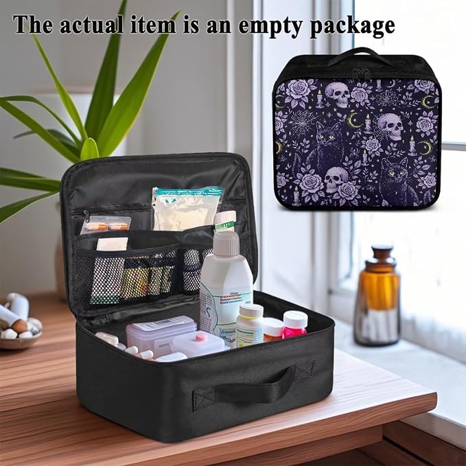 Empty First Aid Kit Purple Gothic Cat Skull Large Capacity Camping Trips and Car Safety Storage Includes Water-Resistant Lining Soft Interior Washable Exterior