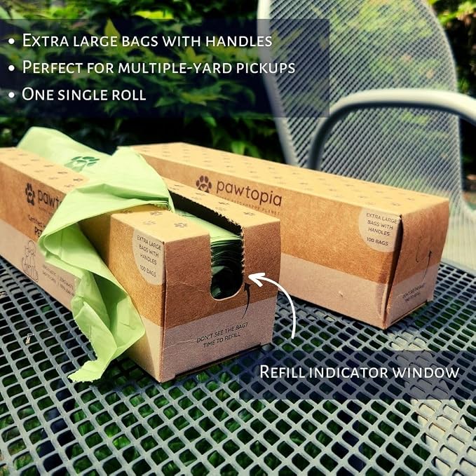 Pawtopia Pet Waste Bag Duo - 120 Standard Sized-Dog Poop Bags (8 rolls) + 100 Extra Large Cat Litter Bag with Handles (1 single roll), Vegetable Starches, Tuv Austria, Leak-Proof, Yard Pickup | Standard Poop Bags for Dogs plus XL Cat Litter Bags with H...