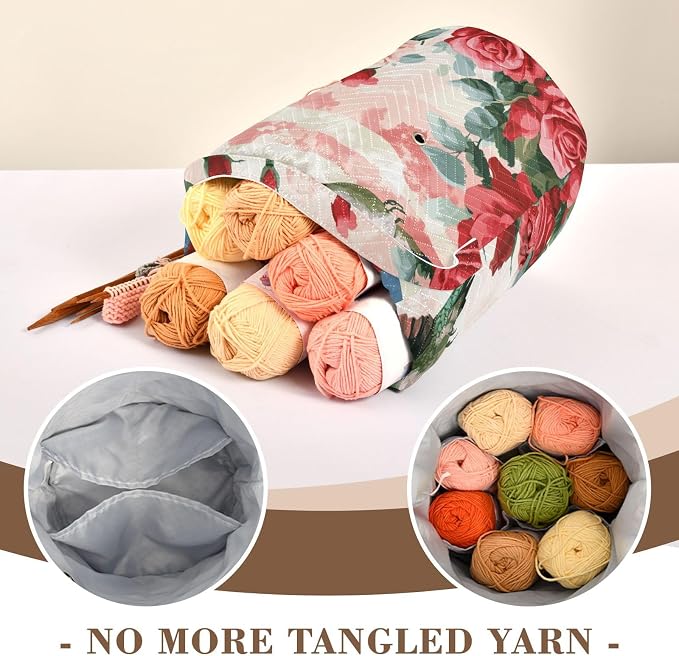 Tatenale Crochet Bag Yarn Bag Knitting Project Bag with Pockets and Handle Portable Yarn Storage Organizer Tangle Free 8.3x11 InchPatriotic Red Roses and Hummingbirds38