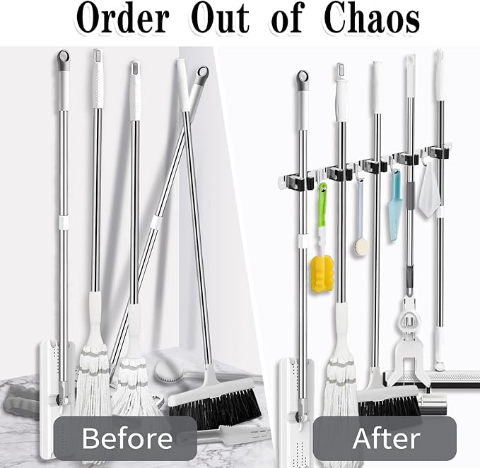 2 Pack Broom Holder Wall Mount, 5 Racks 4 Hooks Mop and Broom Organizer | Mop Holder Wall Mount and Broom Hanger for Garage, Laundry Room, Kitchen and Utility Storage