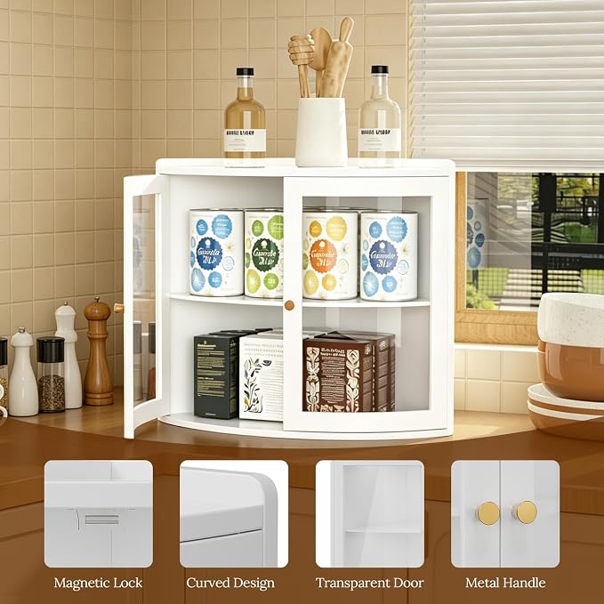 Trironsun Fan Shape Corner Bread Box for Kitchen Counter Double Layer Large Bread Storage Container with Acrylic Doors Farmhouse Wooden Bread Box Organizer for Homemade Bread (White)