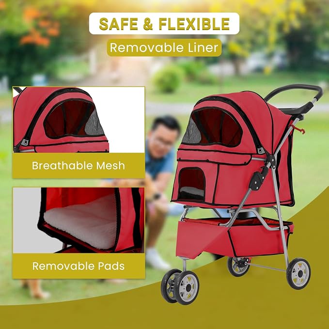 Stroller for Pet Stroller Dog Cat Jogger Stroller for Medium Small Dogs Cats Folding Lightweight Travel Stroller with Cup Holder，Red