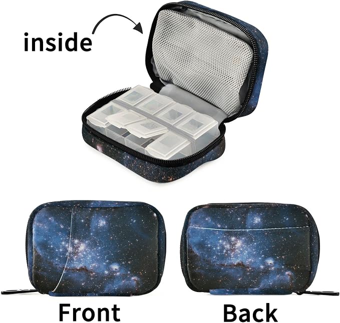 Fustylead Irregular Galaxy Travel Pill Case Bag with Zipper Weekly Pill Box 8 Compartments 7 Day Personal Pill Case Purse Medicine Case Organizer