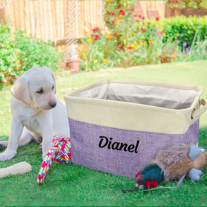 Ulico Personalized Dog Toy Storage Basket, Collapsible Pet Storage Organizer Box with Handles, Custom Dog Toy Bin with Pet's Name Cat Toy Storage Gift for Dog Lovers（Purple）