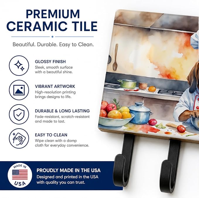 Caroline's Treasures Bloodhound The Chef Leash or Key Holder Wall Hooks, Key Hooks Holder, Coat Rack Wall Mount, Coat Hooks, Hooks for Hanging Keys, Towels, Aprons, Leashes | Bloodhound The Chef artwork on ceramic tile with three steel hooks for keys, ...