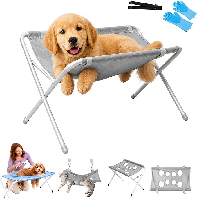 2-in-1 Foldable Pet Grooming Bed Portable Pet Hammock for Dogs and Cats | Eight Hole Quick Dry Mesh Iron Frame Stable Support up to 10kg for Bathing Nail Care and Cleaning(White)