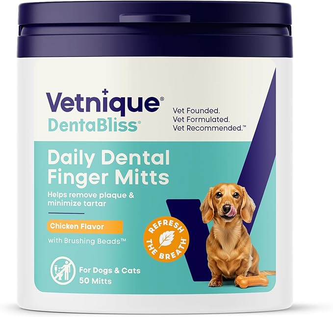 Vetnique Dentabliss Dog Dental Finger Mitts, Vet-Formulated Plaque and Breath Control, Secure-Fit Design, Pre-Moistened Cotton Mitts for Daily Dog Teeth Cleaning, 50 Count (Chicken Flavored)