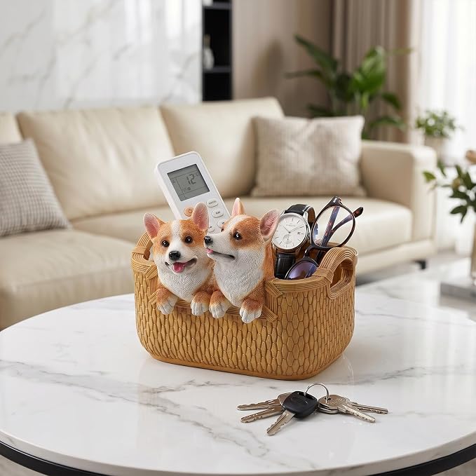 Catchall Bowl Corgi Statue - Decorative Entryway Key Holder & Candy Dish - Cute Double Dog Figurine Organizer for Desk & Room Decor - Pet Lover Housewarming Gift, Double Corgi in Basket