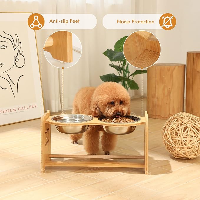 X-ZONE PET Elevated Dog Bowls for Cats and Dogs, Adjustable Bamboo Raised Dog Bowls for Large Dog, Food and Water Stand Feeder with 2 Stainless Steel Bowls Anti Slip Feet (Height 5.1" to 7.5" to 10")…