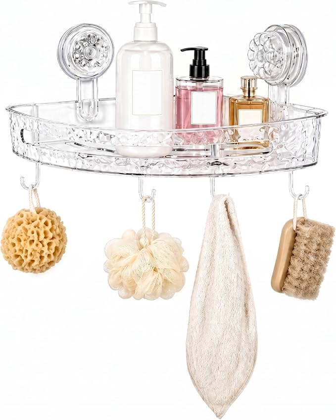 Corner Shower Caddy with Suction Cups, No Drill Corner Shower Shelf Organizer with Hooks, Clear Shower Storage Rack for Tile, Glass & Smooth Surfaces, White/Clear
