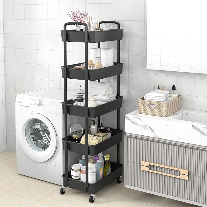 Sywhitta 5-Tier Plastic Rolling Utility Cart with Wheels,Black | Multi-Functional Storage Trolley, for Office, Living Room, Kitchen, Bathroom,Movable Organizer,Space-Saving,Easy to assemble