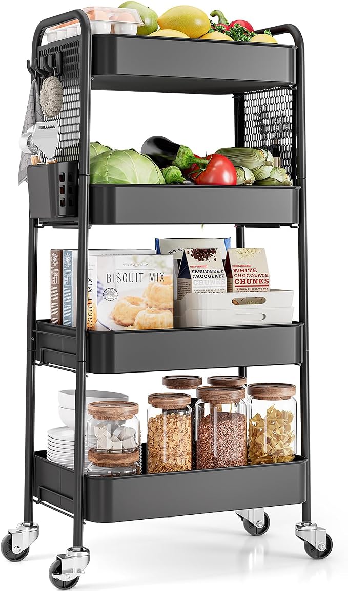 TOOLF 4 Tier Rolling Cart, Metal Utility Storage Cart with Pegboard, Black | 2 Bins & 4 Hooks, Screwless Assembly, Lockable Wheels, Trolley Organizer for Bathroom, Kitchen, Office, Dorm, Craft Room