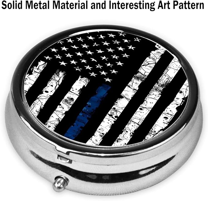 Pill Box, Small Pill Organizer with 3 Compartments and Mirror, Cute Round Portable Travel Metal Pill Case for Pocket or Purse, Privacy-Protecting Medicine Box-Black Blue Tree Leaves American Flag