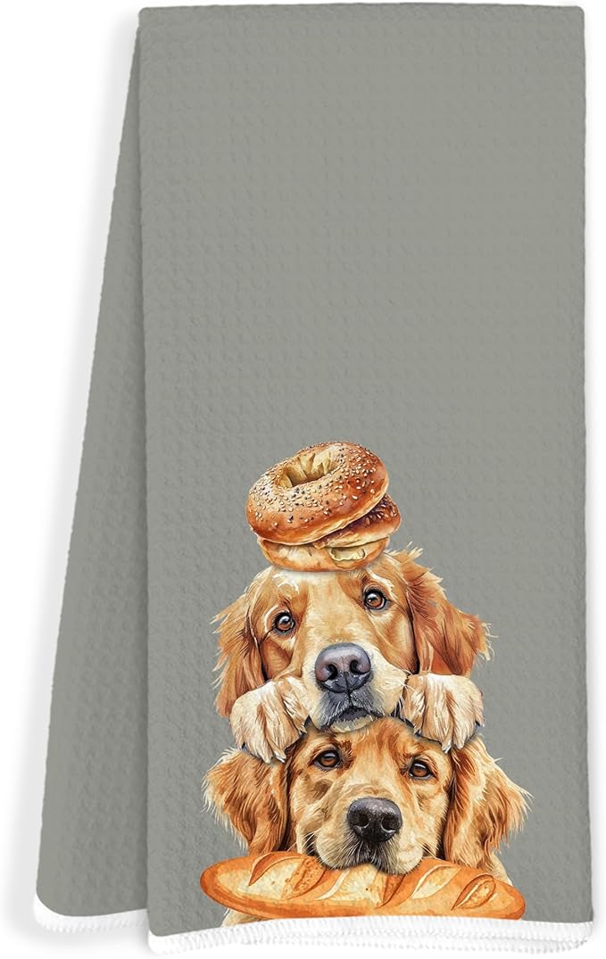 Funny Golden Retriever Kitchen Towels, Golden Retriever Lovers Gifts Dish Tea Towels, Cute Baking Chef Dog Bagel Baguette Decorative Hand Towel for Kitchen Bakery, 16x24 Inch