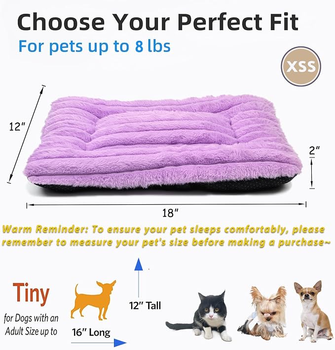 18 Inch Ultra Soft Comfy Pet Bed, Tiny Dog Bed, Washable Anti-Slip Crate Pad Sleeping Cushion Mat for XX-Small Dogs, Indoor Cats & Cat Carrier, Purple