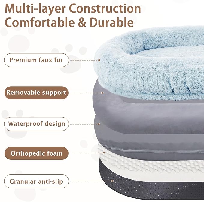 ROOMTEC Human Dog Bed, 71''x45''x12'' Size Fits Adult and Pet Washable Giant People Bed 10 CM Thick Memory Foam Large Oversize Pet Bed with Plump Pillow, Blanket, Strap - Blue