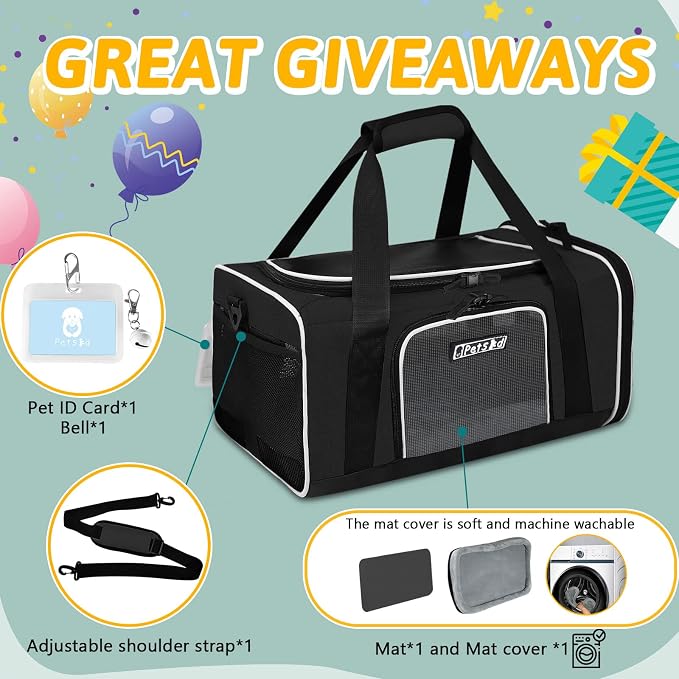 Small Pet Carrier 18" L x 13" W x 9.5" H Airline Approved, Black | for Southwest Airlines, Lockable Safety Zippers and Anti-Scratch Mesh, Pets Under 10 lbs