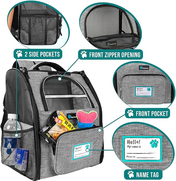 PetAmi Dog Backpack Carrier Airline Approved Cat Pet Puppy Bag, Grey | Ideal for Small Medium Large Pet up to 18 lb, 2 Side Entry Structured No-Collapse Frame, Ventilated Bookbag for Hiking Travel