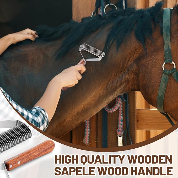 Abbylike Livestock Shedding Comb Grooming Dematting Brush Shedding Undercoat Rake for Cattle Horse Goat Cow Pets with 27 Stainless Steel Blades and Wood Handle
