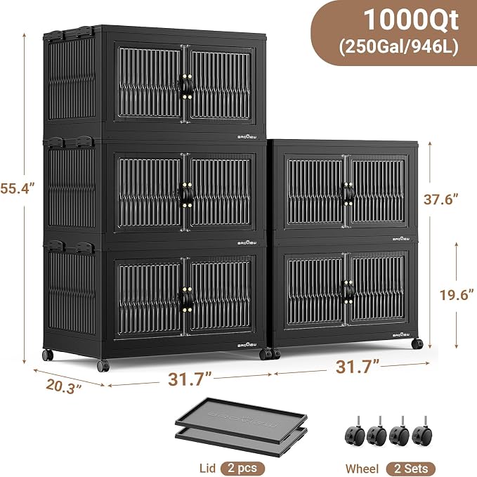 BROVIEW 1000QT Extra Large Stackable Storage Bins with Lids, 5Pack Black | 250Gal Plastic Collapsible Cabinets Containers, Wheels & PET Doors, Foldable Closet Organizers Drawers for Office, Dorm
