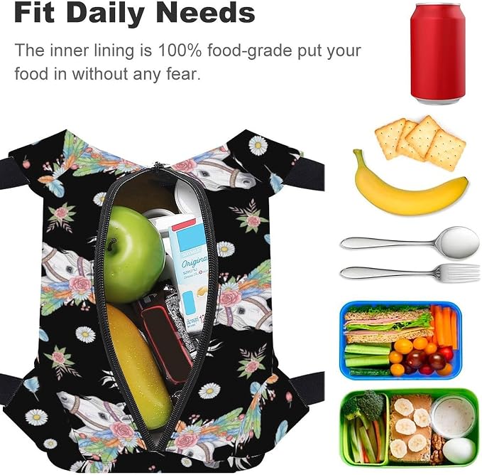 Cool Large Capacity Cooler Tote, Feathers Horse Daisy Floral | Reusable Insulated Lunch Box, for Office Travel, Portable Handheld Food Storage Bag, for Snacks Drinks