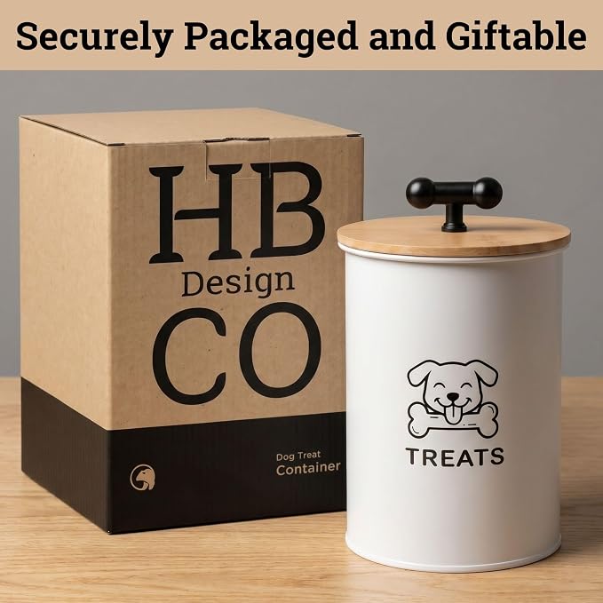 Dog Treat Container Airtight, 4.6"W x 6"H, Powder Coated, 6 Cup Capacity | Fits All Popular Treats, 6 Cup Capacity, Airtight Bamboo Lid, Easy Open Lid, Dent-Resistant Durable Metal Bone-Shaped Handle