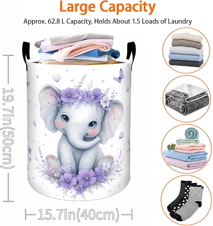 Elephant Laundry Basket, Purple Floral and Butterfly Oxford Cloth Dirty Clothes Collapsible Hamper for Room Decor, Cute Animal Gifts, Toy Organizer 19.7 x 15.7 Inches for Bedroom Bathroom Dorm
