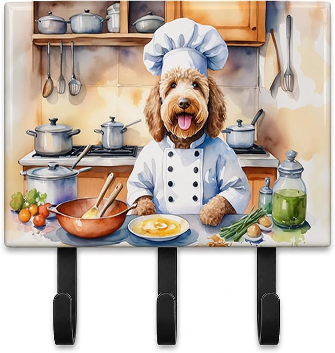 Caroline's Treasures Labradoodle The Chef Leash or Key Holder Wall Hooks, Key Hooks Holder, Coat Rack Wall Mount, Coat Hooks, Hooks for Hanging Keys, Towels, Aprons, Leashes | Labradoodle The Chef artwork on ceramic tile with three steel hooks for keys...