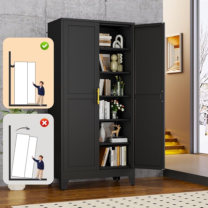 Black Metal Storage Cabinet,75" Steel Cabinets for Home Office | Kitchen Pantry Storage Cabinet with Doors and 5 Adjustable Shelves, Tool Cabinets, for Office, Home, Garage, School, 36W